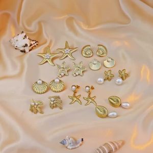 Vintage Style Sea Animal Stud Earrings Stainless Steel Gold Starfish Shell Shape Pearl Stud Earrings Hypoallergenic Jewelry