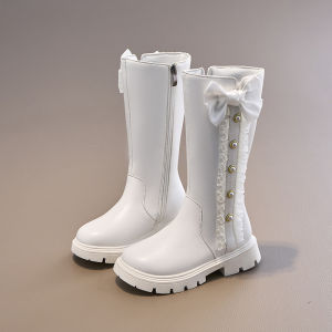 DTNOW Sweet Bowknot Decoration Knee Boots Girl Winter Fashion Thick Bottom Side Zip Riding Boots Warm Short Plush Booties Child