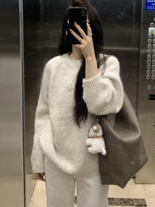 Womens Miu Style Thickened Fufu Sweater Loose Warm Lazy Style Winter Knitted Outerwear Cotton Long Sleeve Mid-Length Coat
