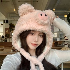 Cute Pig Plush Hat Womens Winter Thickened Warm Ear Protection Overhead Outdoor Lei Feng Bucket Hat Sweet Adorable Style