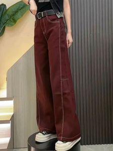 Denim Womens 2024 Autumn New Arrival Western Style High Waist Drooping Wide Leg Open Line Patchwork Loose Easiest for Match Machete Pants