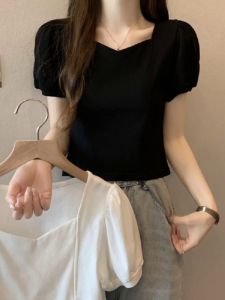 Black Bubble Sleeve T-Shirt Womens Summer Design Slimming Short Style Korean Version V-Neck Cotton Casual Fashion plus Size