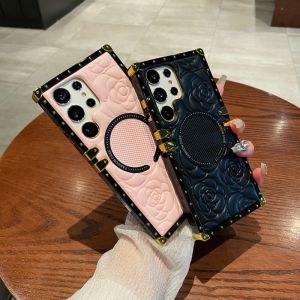 CrashStar MagSafe Square Straight Edge Embossed Flower Leather Phone Case For Samsung Galaxy Note 20 Ultra S25 S24 S23 S22 Ultra Plus + S21 FE A15 A54 A34 A14 5G A52 A12 Note 10 Pro A16 A06 A55 A35 A15 A05S Wireless Charging Phone Casing Cover