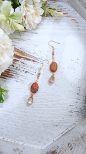 Made-to-Order SG - Gold Coral Fossil Stone Teardrop Crystal Dangle Earrings Handmade Crystal Dangle Earrings