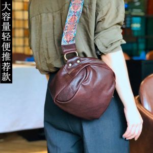 Vintage Leather Womens Bag Large Capacity Casual Crossbody Chest Bag Versatile Wide Shoulder Single Shoulder Sling Bag