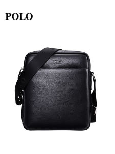 Polo Leather Shoulder Bag for Men Casual Business Large Capacity Vertical Style Fashionable Satchel Handbag Youth Polyester Lining