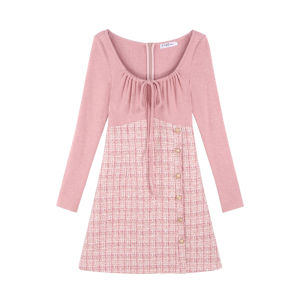 Pink Tweed A-Line Mini Dress Womens Winter 2023 New Design Waist-Cinching Long Sleeve round Neck Zipper Closure Skirt