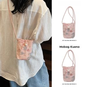 Summer New Pink Embroidered Crossbody Phone Bag Womens Single Shoulder Bag Ethnic Style Mobile Phone Pouch Fashion Sensation