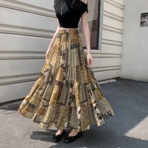 Ethnic Totem Print Long Skirt Womens Full A-Line Midi Skirt Flattering Cross Cover up Vintage Style Polyester Fabric