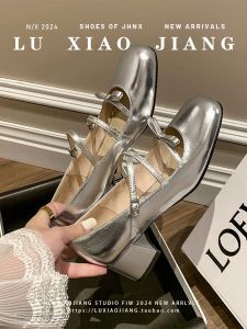 Sheepskin Version French Mary Jane Silver Shoes Medium Heel Slip-On Butterfly Knot Good Looking Single Shoes for Women New 2024 Model Size 34