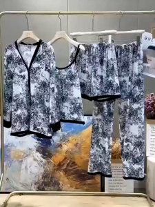 [COD] Set piyama kasual wanita 4-in-1 tipis sutra es cetak tinta gaya Cina setelan import piyama