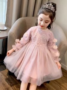 ชุดเดรสผ้าตาข่ายเจ้าหญิงแฟชั่นฤดูใบไม้ผลิและฤดูใบไม้ร่วงสำหรับเด็กผู้หญิง เดรสยาวปานกลางแขนยาวลายจุด ทรงเอ ชุดเด็กผู้หญิง