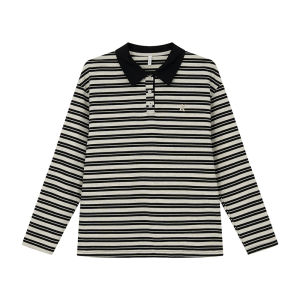 NIHAOKANONG | Áo Thun Polo Cổ Bẻ Tay Dài Kẻ Sọc Phối Màu Phong Cách Vintage