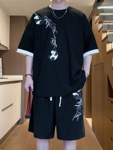 ROMON | Romon Mens Casual Ice Silk Sportswear Summer Thin Short Sleeve Shorts Set Outdoor Leisure Fashion Five-Quarter Pants T-Shirt