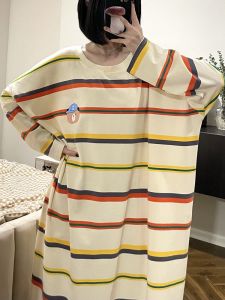 Cartoon Striped Bear Nightdress for Women Spring and Autumn Lengthened Cotton Korean Style Cute Long Dress Loose Pregnant Womens Pajamas for Plump Girls