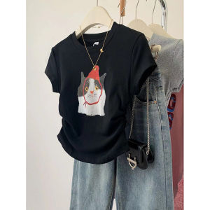 Stylish Niche Style Cartoon Younger Shoulder Short-Sleeved T-shirt Womens Summer New Arrival Silm Small Short Top Clothes