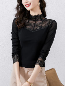 Elegant Black Lace Mesh Base Shirt Womens Spring Autumn Slimming Stylish Top Fashionable Stand Collar Long Sleeve Dress