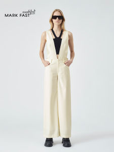 White V-neck Wide-leg Jumpsuit Women Designer Brand MARKFAST M1DCW57080 Cotton Blend Fabric Mid-waist Long Pants