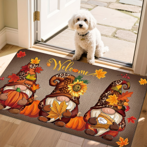 VIKAMA Fall Harvest Gnome Welcome Mat Leopard Maple Pumpkin Sunflower Non Slip Indoor Outdoor Entrance Thanksgiving Decor Rug