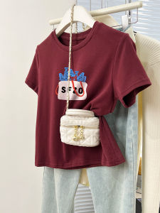 Red Pure Cotton Short Sleeve T-Shirt Womens Summer Loose Shoulder Design Sense Casual Top Comfortable Breathable Fashion