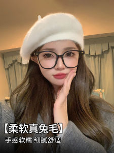 White Rabbit Fur Beret Hat Womens New 2024 Autumn Winter Large Head Size Fluffy Warm Artist Bud Hat Small Face Effect