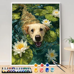 BILIBILI | Oil Painting By Numbers Golden Retriever in Lotus Pond DIY Number Drawing Canvas Pictures By Numbers Home Decor Large Size