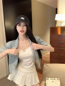 Spring Summer 2025 Retro Denim Jacket Womens Short Five-Quarter Sleeve Fashion Slimming Top High Waist Style POLO Collar