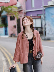 Hua Ji B719 Womens Loose V-neck Nine Sleeve Striped Outerwear Spring New Style Floral Patterned Short Coat Sweet Style