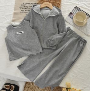 Bear Leader Autumn Korean Version Gray Girl Clothes Long Sleeved Hooded Sweatshirt+Vest+Flared Pants Fashionable Three Piece Set