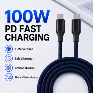 100W USB C to USB C Cable PD Fast Charging Type C Charger Cord Nylon Braided E-Marker Chip 480Mbps Sync for Laptop Phone