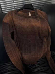 YUFUQING | French Elegant Coffee Round Neck Long Sleeve Knitted Sweater Women Early Autumn New Lazy Style Casual Versatile Hollow Top