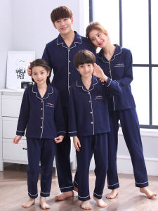 ชุดนอนผ้าฝ้ายแท้สีเข้ม ชุดนอนฤดูใบไม้ผลิและฤดูใบไม้ร่วงสำหรับครอบครัว ชุดนอนแขนยาว เสื้อคลุมคาร์ดิแกน ชุดนอนฤดูใบไม้ร่วงสำหรับทุกเพศ