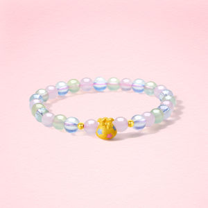 ZHOU LIU FU 周六福 24K Solid Gold Rose Quartz Bracelet Cute Enamel Star Fortune Bag Charm Triple Natural Gemstones Aquamarine Prehnite Stretch Bracelet for Women Girl 17cm A1913243