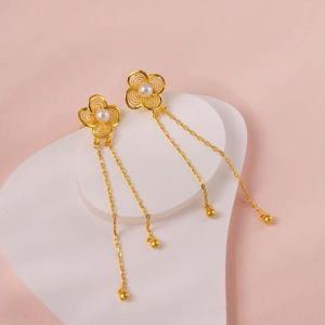 Chow Sang Sang 周生生 999.9 24K Gold Chinese Wedding Four-Leaf Clover Blossom Pearl Drop Earrings for Women 95619E