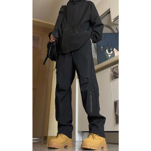 Mens Casual Straight Leg Pants Windproof Waterproof Sporty Spring Autumn Fashionable Polyester Fiber mid Waist Zipper Fly