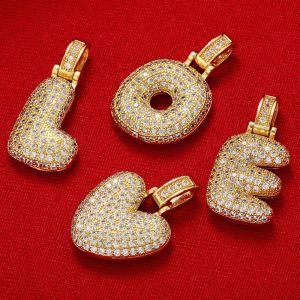 English Letter Initial Necklace 18K Gold Plated Zircon Paved Necklace Puffy Bubble Letter Necklace for Women