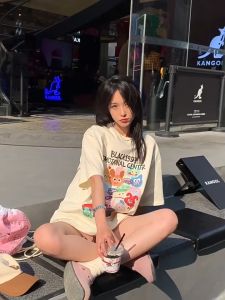 ส่งของจากไทย - SFTB013 เสื้อยืดลาย คอกลมแขนสั้น เสื้อผ้าสวมหัวแฟชั่นผู้หญิงเกาหลีอนิเมะ ถนวงาม ผ้าไม่ติดตัว ใส่สบาย