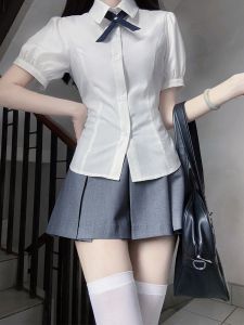 Womens Short Sleeve Shirt Waist-Cinching Set Summer College Style Spicy Girl Pure Desire Tight Fit Waist-Cut Top