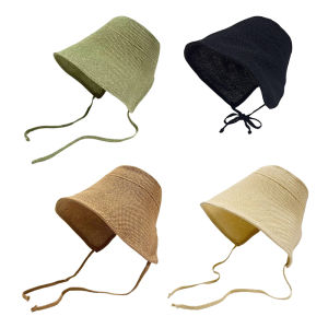 Linen Straw Regency Bonnets Hats For Women Sun Hats Bow Beach Cap Big Wide Brim Cloche Hat Chapeau Femme Lace Up Outdoor Summer
