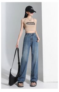 Summer Thin Wide Leg Jeans Womens High Waist Straight Cut Tencel Casual Long Pants Cool Feeling Blue Denim Skinnier Version