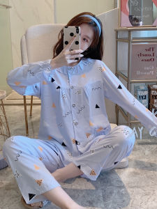 ชุดนอนผ้าไหมคอตตอนแขนยาวบางสำหรับฤดูใบไม้ผลิและฤดูร้อน ชุดอยู่บ้านสำหรับฤดูร้อน ชุดนอนแบบยาวคลุมท้องสำหรับผู้หญิง ชุดนอนผ้าไหมคอตตอน Tagkita