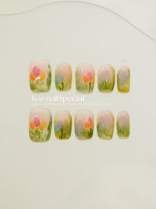 Hand-Painted Short Nail Art Tulip Multicolor Floral Gradient Design Pure Handmade Nail Tips Wearable False Nails from China