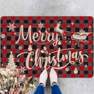 VIKAMA Merry Christmas Entrance Mat Red Xmas Tree Wreath Pattern Anti‑Slip Floor Mat For Doorway Hallway Home Decor