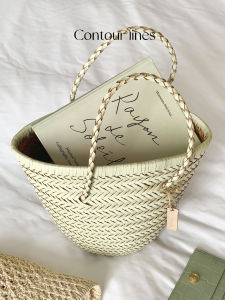 Contourlines French Leather Woven Bucket Bag Single Shoulder Soft Handle Casual Style South France Summer Feel Youth Fashion