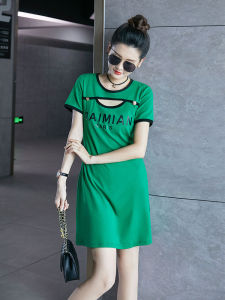 Summer Green Hollow out T-Shirt Dress Womens Mini Dress Casual Style A-Line Skirt Short Sleeve round Neck Cotton Blend Fabric