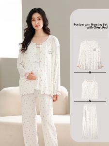 Miiow | Pregnant Women Sleepwear Set With Chest Pad Strap Long Sleeve Long Pants Three Pieces Cat Person Summer Postpartum Home Clothes