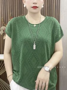 High-End Round Neck Ice Silk Short Sleeve Knit T-Shirt for Women Summer New Style Loose Fit Belly Cover Casual Thin Top