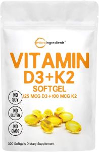 Micro Ingredients Vitamin D3 5000IU K2 MK7 100MCG - Viên uống D3 K2 tăng đề kháng hỗ trợ chắc khỏe xương cải thiện hệ tim mạch 300 viên