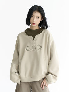 Street Style Hoodie Womens Loose Fit Printed Color Block Long Sleeve T-Shirt Mock Two-Piece Casual Wear Polyester Cotton Blend