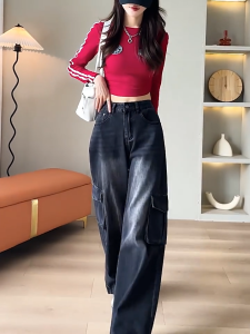 GHAOEHS กางเกงยีนส์คาร์โก้สีดำ เอวสูงขากว้าง กางเกงกระบอกตรงรุ่นใหม่ ชิวชิวV112